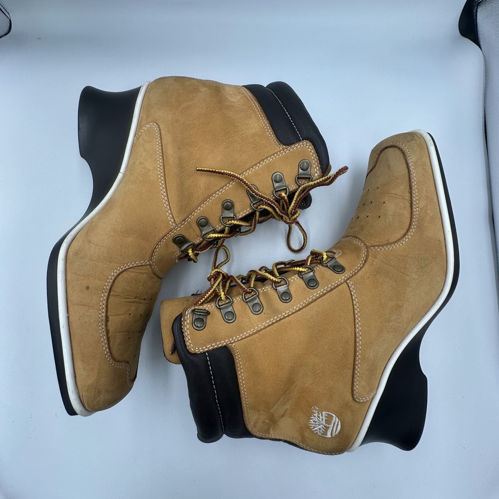 Timberland 19345 Womens Wheat Leather Lace Up Wedge Ankle Boots Square Toe 8M - Picture 13 of 13